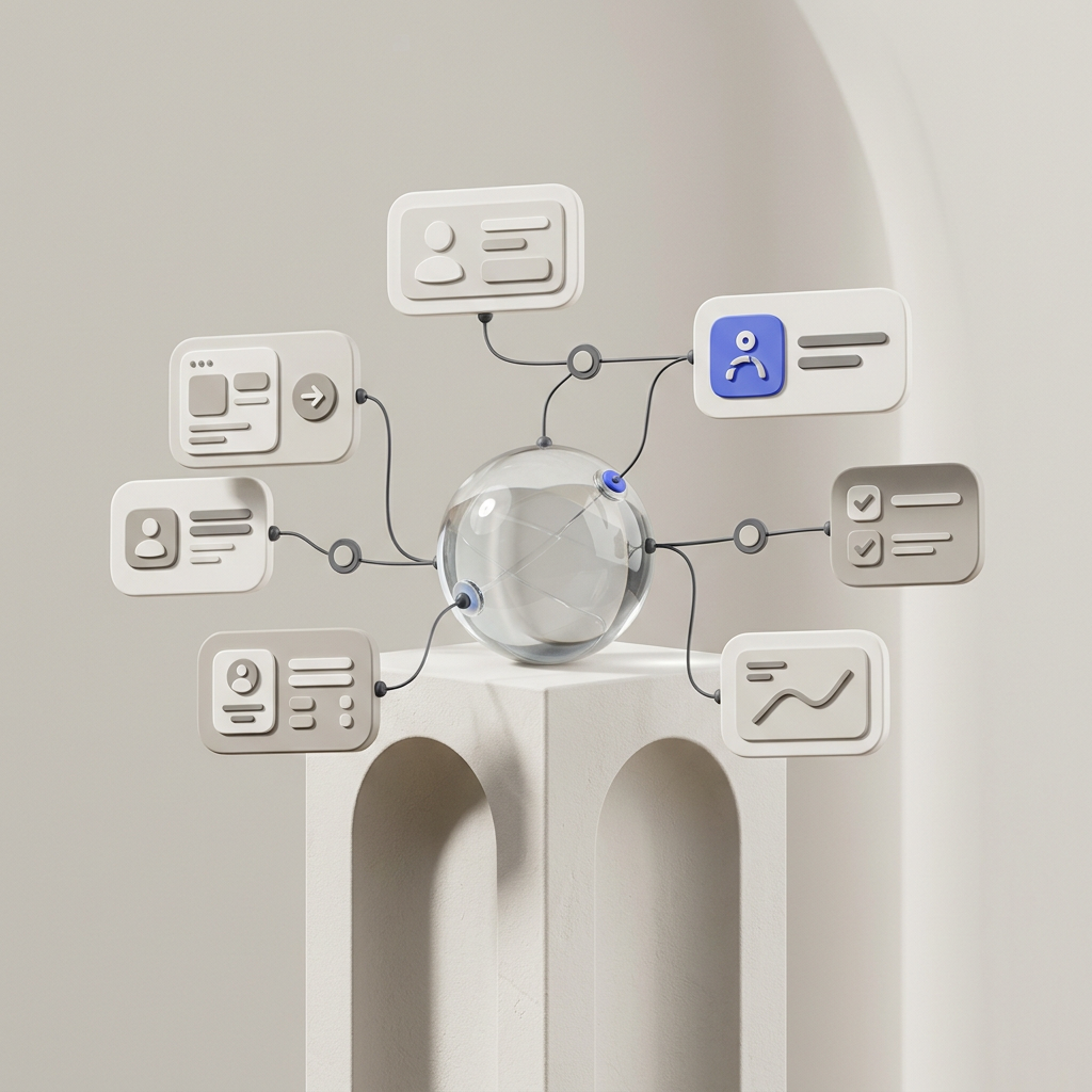 3D illustration of connected workflow cards and nodes