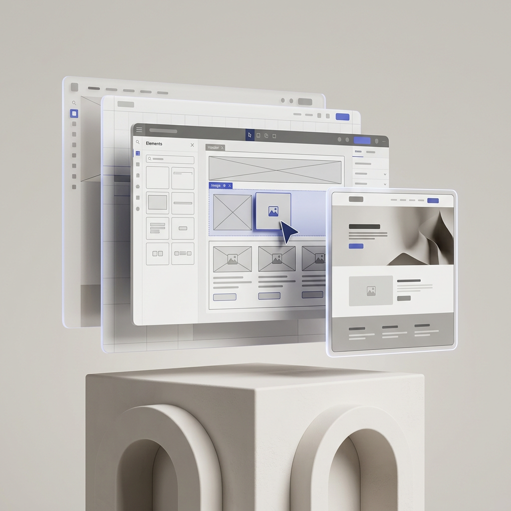 3D illustration of layered Elementor page-builder panels